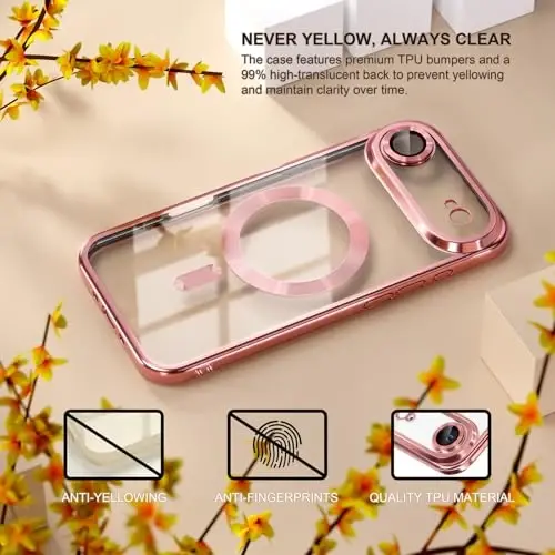 Misea Magnetic for iPhone 17 Air Case Compatible with MagSafe [Never Yellowing] [Military Grade Drop Protection] Full Camera Lens Protector Plating Soft Clear Phone Case for Women, Pink - 3