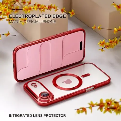 Misea Magnetic for iPhone 17 Air Case Compatible with MagSafe [Never Yellowing] [Military Grade Drop Protection] Full Camera Lens Protector Plating Soft Clear Phone Case for Women, Red - 6