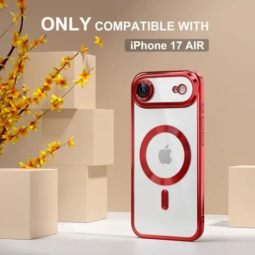 Misea Magnetic for iPhone 17 Air Case Compatible with MagSafe [Never Yellowing] [Military Grade Drop Protection] Full Camera Lens Protector Plating Soft Clear Phone Case for Women, Red - 2