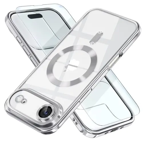 Misea Magnetic for iPhone 17 Air Case Compatible with MagSafe [Never Yellowing] [Military Grade Drop Protection] Full Camera Lens Protector Plating Soft Clear Phone Case for Women, Silver - MISEA