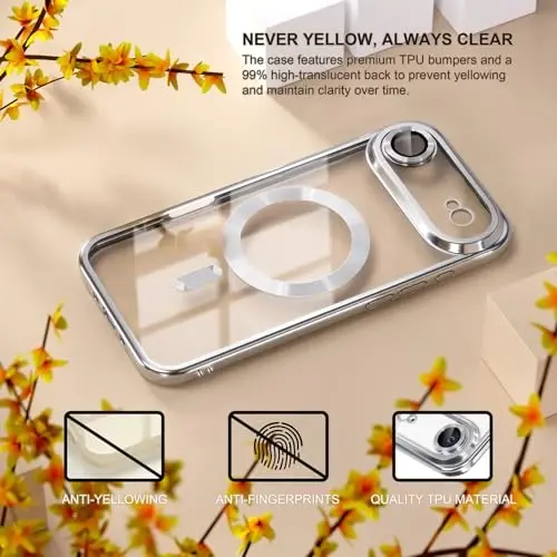 Misea Magnetic for iPhone 17 Air Case Compatible with MagSafe [Never Yellowing] [Military Grade Drop Protection] Full Camera Lens Protector Plating Soft Clear Phone Case for Women, Silver - 3