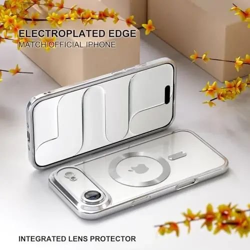 Misea Magnetic for iPhone 17 Air Case Compatible with MagSafe [Never Yellowing] [Military Grade Drop Protection] Full Camera Lens Protector Plating Soft Clear Phone Case for Women, Silver - 6