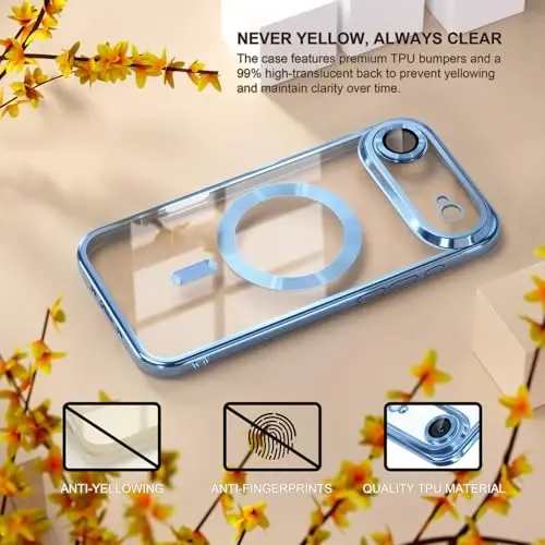 Misea Magnetic for iPhone 17 Air Case Compatible with MagSafe [Never Yellowing] [Military Grade Drop Protection] Full Camera Lens Protector Plating Soft Clear Phone Case for Women, Sky Blue - 3