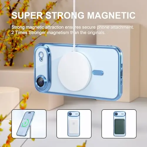 Misea Magnetic for iPhone 17 Air Case Compatible with MagSafe [Never Yellowing] [Military Grade Drop Protection] Full Camera Lens Protector Plating Soft Clear Phone Case for Women, Sky Blue - 5
