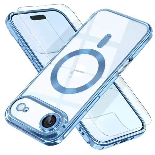 Misea Magnetic for iPhone 17 Air Case Compatible with MagSafe [Never Yellowing] [Military Grade Drop Protection] Full Camera Lens Protector Plating Soft Clear Phone Case for Women, Sky Blue - MISEA