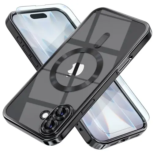 Misea Magnetic for iPhone 17 Case Compatible with MagSafe [Never Yellowing] [Military Grade Drop Protection] Full Camera Lens Protector Plating Soft Clear Phone Case for Women, Black 