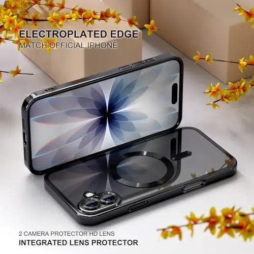 Misea Magnetic for iPhone 17 Case Compatible with MagSafe [Never Yellowing] [Military Grade Drop Protection] Full Camera Lens Protector Plating Soft Clear Phone Case for Women, Black - 6