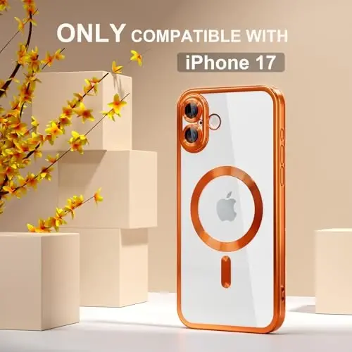 Misea Magnetic for iPhone 17 Case Compatible with MagSafe [Never Yellowing] [Military Grade Drop Protection] Full Camera Lens Protector Plating Soft Clear Phone Case for Women, Cosmic Orange - MISEA (1)