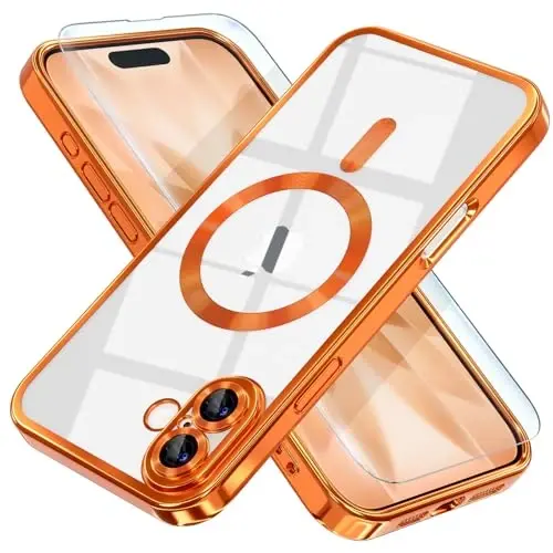 Misea Magnetic for iPhone 17 Case Compatible with MagSafe [Never Yellowing] [Military Grade Drop Protection] Full Camera Lens Protector Plating Soft Clear Phone Case for Women, Cosmic Orange 