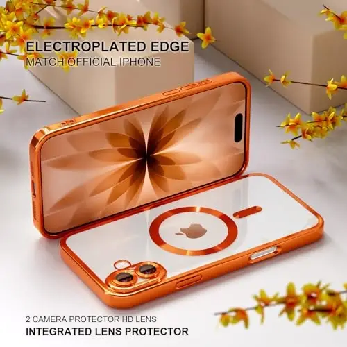 Misea Magnetic for iPhone 17 Case Compatible with MagSafe [Never Yellowing] [Military Grade Drop Protection] Full Camera Lens Protector Plating Soft Clear Phone Case for Women, Cosmic Orange - 6