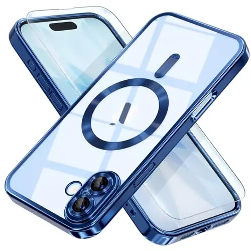 Misea Magnetic for iPhone 17 Case Compatible with MagSafe [Never Yellowing] [Military Grade Drop Protection] Full Camera Lens Protector Plating Soft Clear Phone Case for Women, Deep Blue - 1