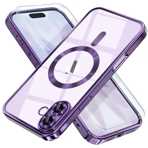 Misea Magnetic for iPhone 17 Case Compatible with MagSafe [Never Yellowing] [Military Grade Drop Protection] Full Camera Lens Protector Plating Soft Clear Phone Case for Women, Deep Purple - MISEA