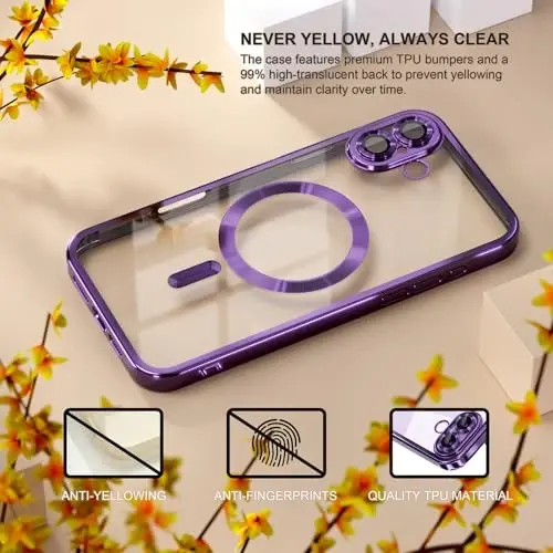 Misea Magnetic for iPhone 17 Case Compatible with MagSafe [Never Yellowing] [Military Grade Drop Protection] Full Camera Lens Protector Plating Soft Clear Phone Case for Women, Deep Purple - 3