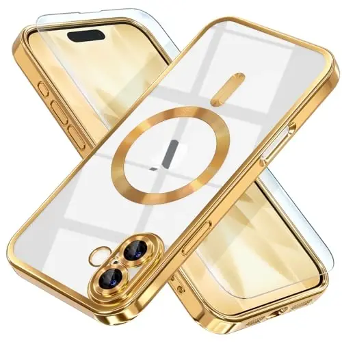 Misea Magnetic for iPhone 17 Case Compatible with MagSafe [Never Yellowing] [Military Grade Drop Protection] Full Camera Lens Protector Plating Soft Clear Phone Case for Women, Gold - MISEA