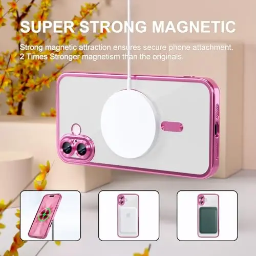 Misea Magnetic for iPhone 17 Case Compatible with MagSafe [Never Yellowing] [Military Grade Drop Protection] Full Camera Lens Protector Plating Soft Clear Phone Case for Women, Hot Pink - 5