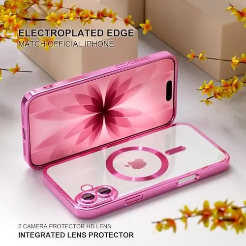 Misea Magnetic for iPhone 17 Case Compatible with MagSafe [Never Yellowing] [Military Grade Drop Protection] Full Camera Lens Protector Plating Soft Clear Phone Case for Women, Hot Pink - 6