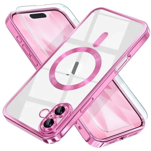 Misea Magnetic for iPhone 17 Case Compatible with MagSafe [Never Yellowing] [Military Grade Drop Protection] Full Camera Lens Protector Plating Soft Clear Phone Case for Women, Hot Pink 