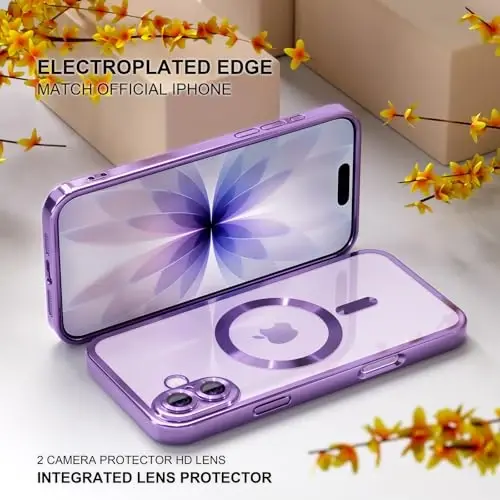 Misea Magnetic for iPhone 17 Case Compatible with MagSafe [Never Yellowing] [Military Grade Drop Protection] Full Camera Lens Protector Plating Soft Clear Phone Case for Women, Lavender Purple - 6