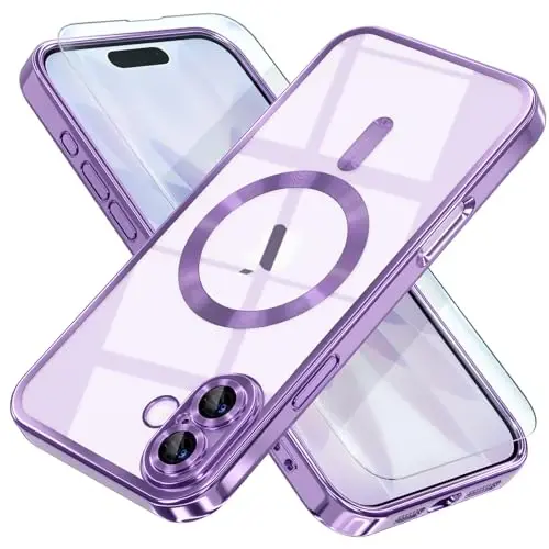 Misea Magnetic for iPhone 17 Case Compatible with MagSafe [Never Yellowing] [Military Grade Drop Protection] Full Camera Lens Protector Plating Soft Clear Phone Case for Women, Lavender Purple 