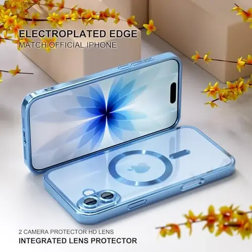 Misea Magnetic for iPhone 17 Case Compatible with MagSafe [Never Yellowing] [Military Grade Drop Protection] Full Camera Lens Protector Plating Soft Clear Phone Case for Women, Mist Blue - 6
