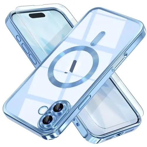 Misea Magnetic for iPhone 17 Case Compatible with MagSafe [Never Yellowing] [Military Grade Drop Protection] Full Camera Lens Protector Plating Soft Clear Phone Case for Women, Mist Blue - 1