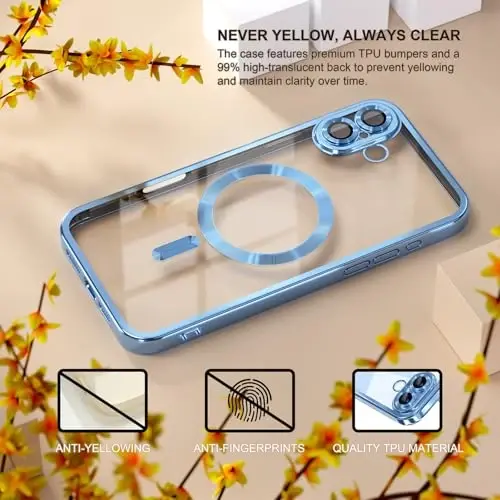 Misea Magnetic for iPhone 17 Case Compatible with MagSafe [Never Yellowing] [Military Grade Drop Protection] Full Camera Lens Protector Plating Soft Clear Phone Case for Women, Mist Blue - 3