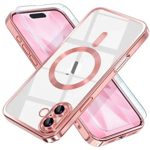 Misea Magnetic for iPhone 17 Case Compatible with MagSafe [Never Yellowing] [Military Grade Drop Protection] Full Camera Lens Protector Plating Soft Clear Phone Case for Women, Pink 