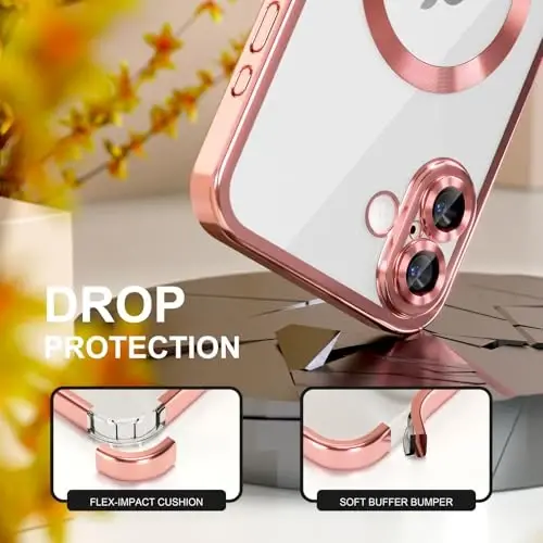 Misea Magnetic for iPhone 17 Case Compatible with MagSafe [Never Yellowing] [Military Grade Drop Protection] Full Camera Lens Protector Plating Soft Clear Phone Case for Women, Pink - 4