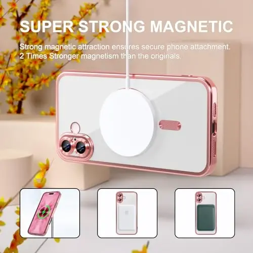 Misea Magnetic for iPhone 17 Case Compatible with MagSafe [Never Yellowing] [Military Grade Drop Protection] Full Camera Lens Protector Plating Soft Clear Phone Case for Women, Pink - 5