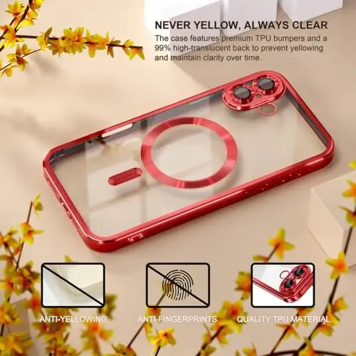 Misea Magnetic for iPhone 17 Case Compatible with MagSafe Red | [Never Yellowing] [Military Drop Protection] Full Camera Lens Protector Plating Soft Clear Phone Case for Women, Red - 3