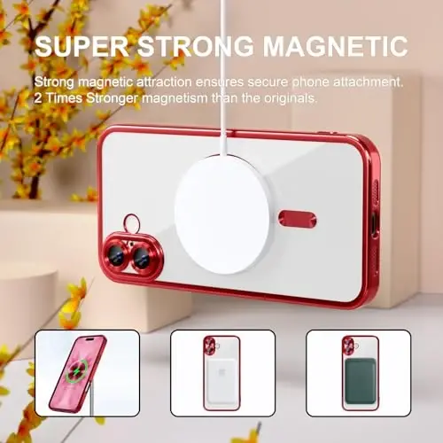 Misea Magnetic for iPhone 17 Case Compatible with MagSafe Red | [Never Yellowing] [Military Drop Protection] Full Camera Lens Protector Plating Soft Clear Phone Case for Women, Red - 5