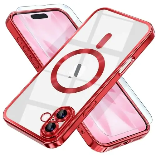 Misea Magnetic for iPhone 17 Case Compatible with MagSafe [Never Yellowing] [Military Grade Drop Protection] Full Camera Lens Protector Plating Soft Clear Phone Case for Women, Red - MISEA