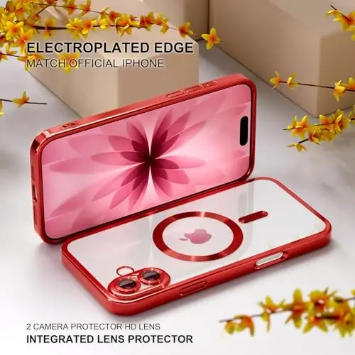 Misea Magnetic for iPhone 17 Case Compatible with MagSafe [Never Yellowing] [Military Grade Drop Protection] Full Camera Lens Protector Plating Soft Clear Phone Case for Women, Red - 6