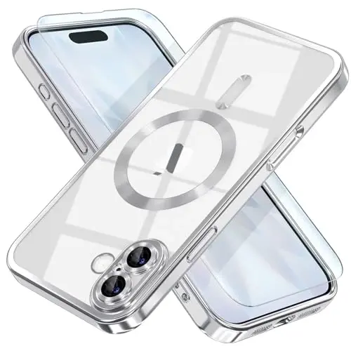 Misea Magnetic for iPhone 17 Case Compatible with MagSafe [Never Yellowing] [Military Grade Drop Protection] Full Camera Lens Protector Plating Soft Clear Phone Case for Women, Silver - MISEA