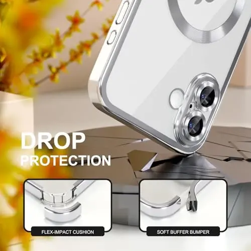 Misea Magnetic for iPhone 17 Case Compatible with MagSafe [Never Yellowing] [Military Grade Drop Protection] Full Camera Lens Protector Plating Soft Clear Phone Case for Women, Silver - 4