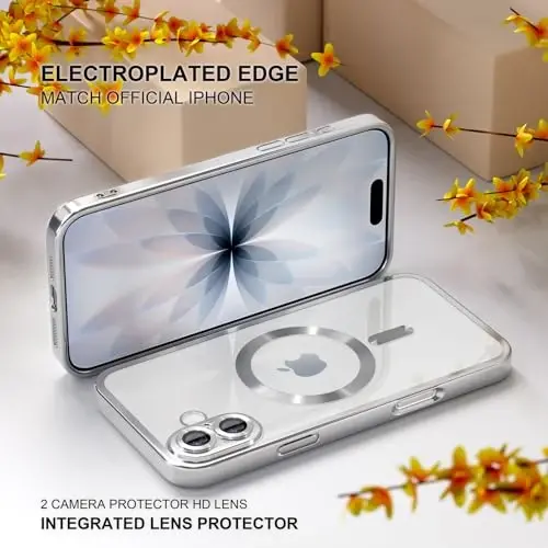 Misea Magnetic for iPhone 17 Case Compatible with MagSafe [Never Yellowing] [Military Grade Drop Protection] Full Camera Lens Protector Plating Soft Clear Phone Case for Women, Silver - 6