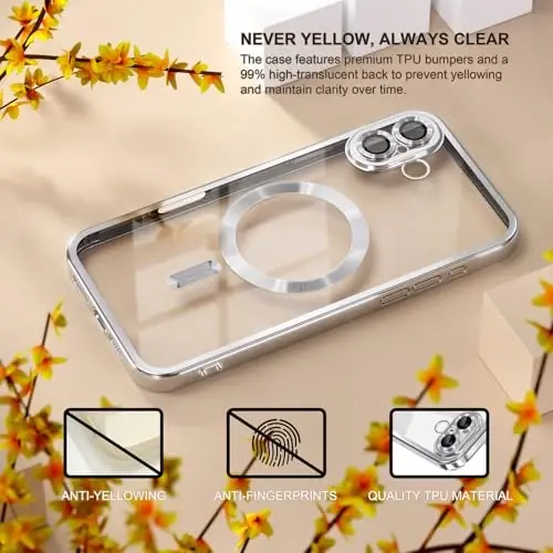 Misea Magnetic for iPhone 17 Case Compatible with MagSafe [Never Yellowing] [Military Grade Drop Protection] Full Camera Lens Protector Plating Soft Clear Phone Case for Women, Silver - 3
