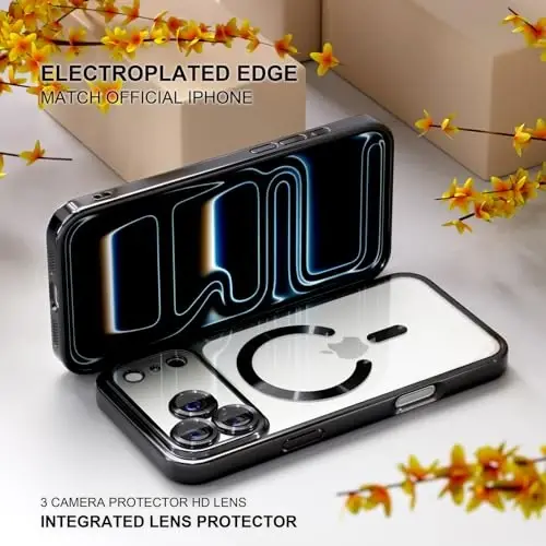 Misea Magnetic for iPhone 17 Pro Case Compatible with MagSafe [Never Yellowing] [Military Grade Drop Protection] Full Camera Lens Protector Plating Soft Clear Phone Case for Women, Black - 6
