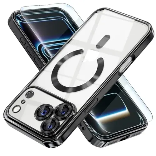 Misea Magnetic for iPhone 17 Pro Case Compatible with MagSafe [Never Yellowing] [Military Grade Drop Protection] Full Camera Lens Protector Plating Soft Clear Phone Case for Women, Black - 1