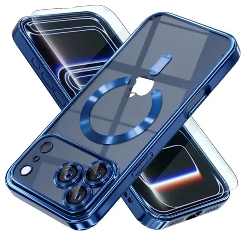 Misea Magnetic for iPhone 17 Pro Case Compatible with MagSafe [Never Yellowing] [Military Grade Drop Protection] Full Camera Lens Protector Plating Soft Clear Phone Case for Women, Deep Blue - 1