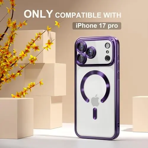 Misea Magnetic for iPhone 17 Pro Case Compatible with MagSafe [Never Yellowing] [Military Grade Drop Protection] Full Camera Lens Protector Plating Soft Clear Phone Case for Women, Deep Purple - 2