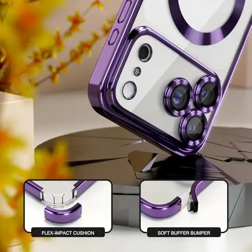 Misea Magnetic for iPhone 17 Pro Case Compatible with MagSafe | [Never Yellowing] [Military Drop Protection] Full Camera Lens Protector Plating Soft Clear Phone Case for Women, Deep Purple - 4
