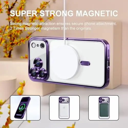 Misea Magnetic for iPhone 17 Pro Case Compatible with MagSafe | [Never Yellowing] [Military Drop Protection] Full Camera Lens Protector Plating Soft Clear Phone Case for Women, Deep Purple - 5