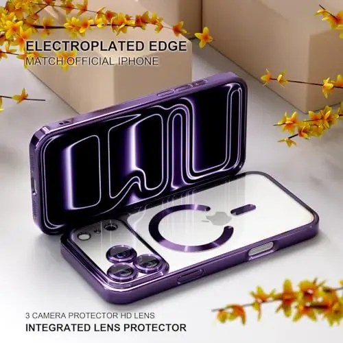 Misea Magnetic for iPhone 17 Pro Case Compatible with MagSafe | [Never Yellowing] [Military Drop Protection] Full Camera Lens Protector Plating Soft Clear Phone Case for Women, Deep Purple - 6
