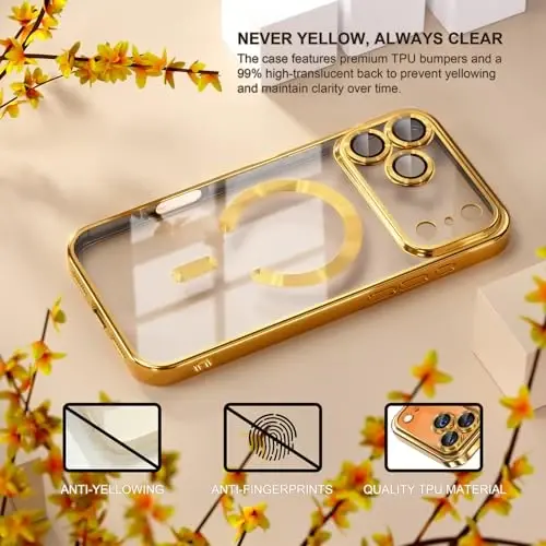 Misea Magnetic for iPhone 17 Pro Case Compatible with MagSafe [Never Yellowing] [Military Grade Drop Protection] Full Camera Lens Protector Plating Soft Clear Phone Case for Women, Gold - 3