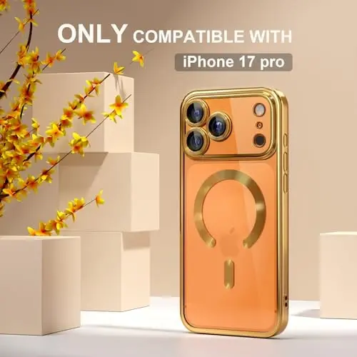 Misea Magnetic for iPhone 17 Pro Case Compatible with MagSafe Gold | [Never Yellowing] [Military Drop Protection] Full Camera Lens Protector Plating Soft Clear Phone Case for Women, Gold - MISEA (1)