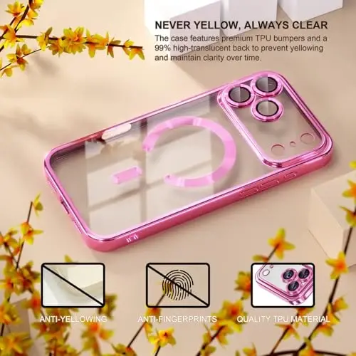 Misea Magnetic for iPhone 17 Pro Case Compatible with MagSafe [Never Yellowing] [Military Grade Drop Protection] Full Camera Lens Protector Plating Soft Clear Phone Case for Women, Hot Pink - 3