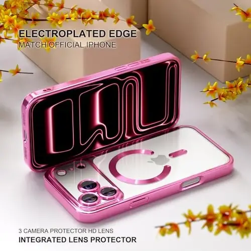 Misea Magnetic for iPhone 17 Pro Case Compatible with MagSafe [Never Yellowing] [Military Grade Drop Protection] Full Camera Lens Protector Plating Soft Clear Phone Case for Women, Hot Pink - 6