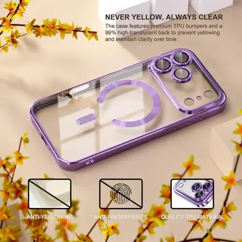 Misea Magnetic for iPhone 17 Pro Case Compatible with MagSafe [Never Yellowing] [Military Grade Drop Protection] Full Camera Lens Protector Plating Soft Clear Phone Case for Women, Lavender Purple - 3
