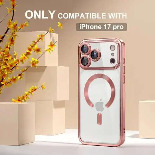 Misea Magnetic for iPhone 17 Pro Case Compatible with MagSafe [Never Yellowing] [Military Grade Drop Protection] Full Camera Lens Protector Plating Soft Clear Phone Case for Women, Pink - MISEA (1)